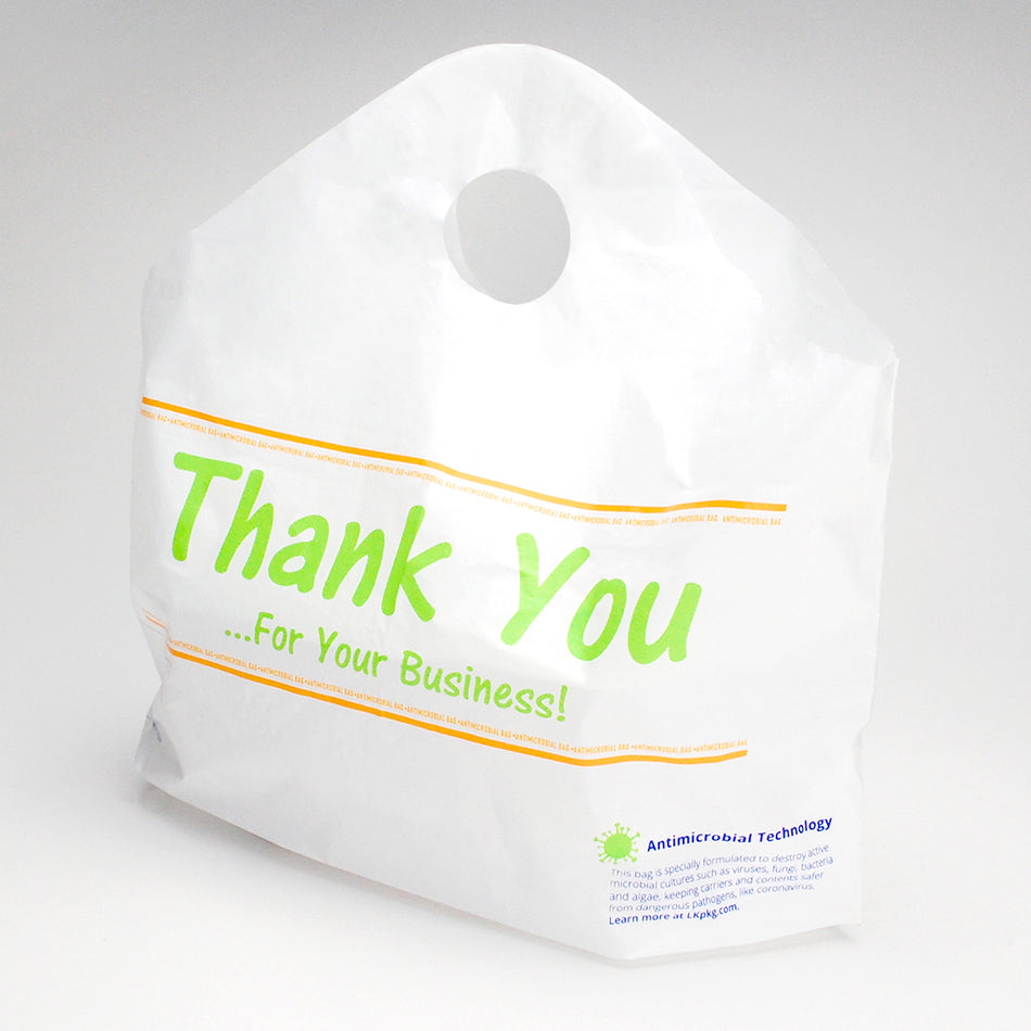 16.5" x 14" + 6"BG 1.25 mil Antimicrobial Printed "Thank You" Wave Top Take Out Bag, 500/CS