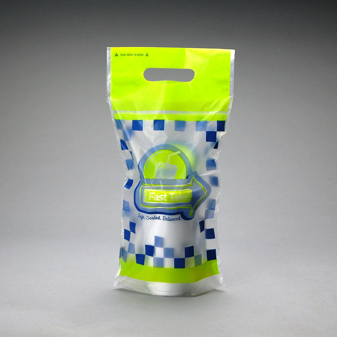 7" x 14" + 2.5" Bottom Gusset + 3.5" Lip 1 Mil Tamper-Evident 1-Drink Beverage Carrier - Printed - 1000/Case - Image 1