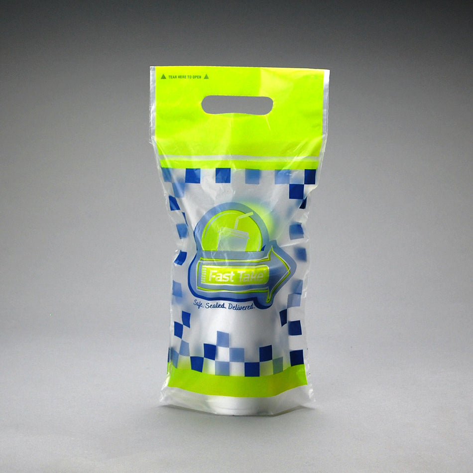 7" x 14" + 2.5"BG + 3.5"LP 1 mil Fast Take® Tamper-Evident 1-drink Beverage Carrier, Printed, 1000/CS