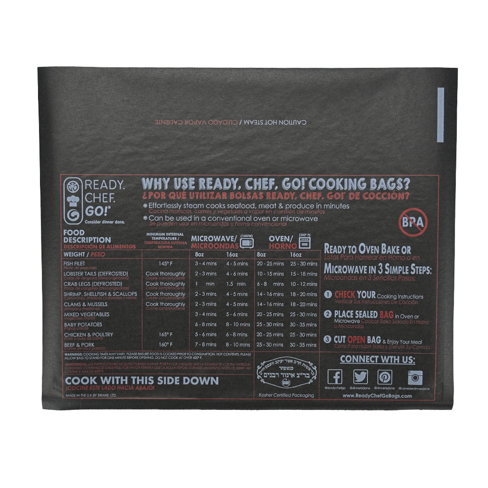 10.8" x 7.9" Ready. Chef. Go!® Heat Seal Cooking Bags for Microwave or Oven - Black/Printed, 250/CS