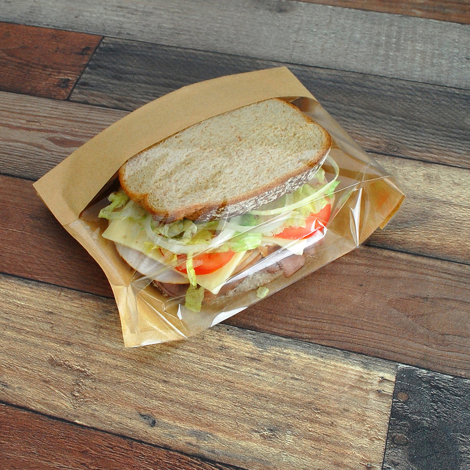 5.75" x 2.75 x 9.5" 80 GSM Kraft w/OPP #ReadyFresh® Kraft Paper Sandwich Bag with Window, 500/CS