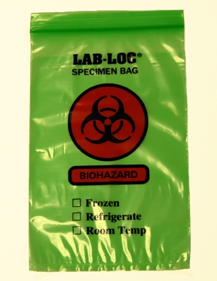 12" X 15" Green Tint Reclosable 2-Wall Specimen Transfer Bag (Biohazard)