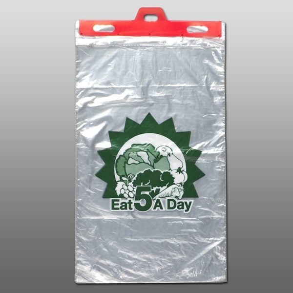11″ X 17″ + 2" LP 0.55 Mil LLDPE Produce Bags on Plastic Headers with "5 A Day" Print