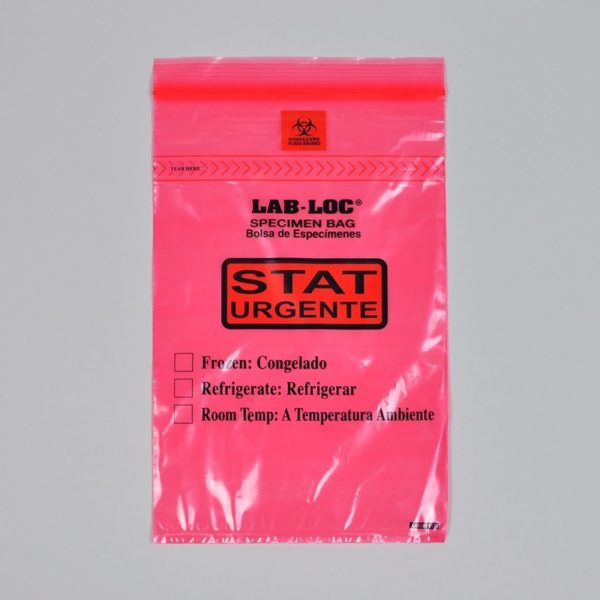 6" X 9" Lab-Loc? Specimen Bags with Removable Biohazard Symbol Printed "STAT" - Red