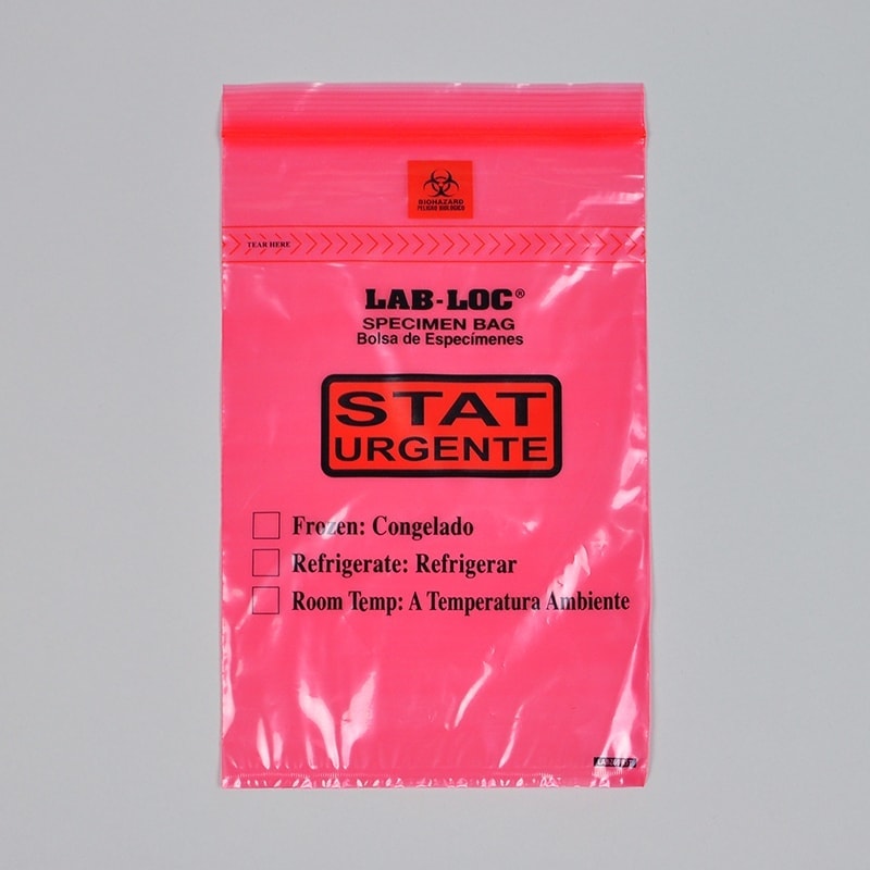 6" X 9" Lab-Loc? Specimen Bags with Removable Biohazard Symbol Printed "STAT" - Red