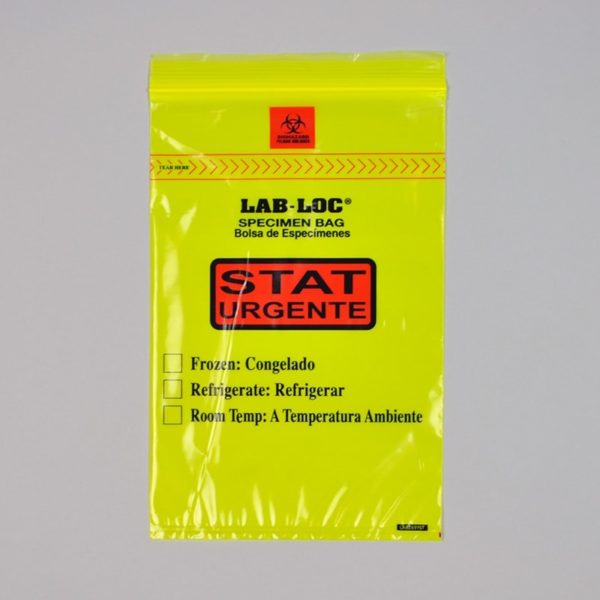 6" X 9" Lab-Loc? Specimen Bags with Removable Biohazard Symbol Printed "STAT" - Yellow