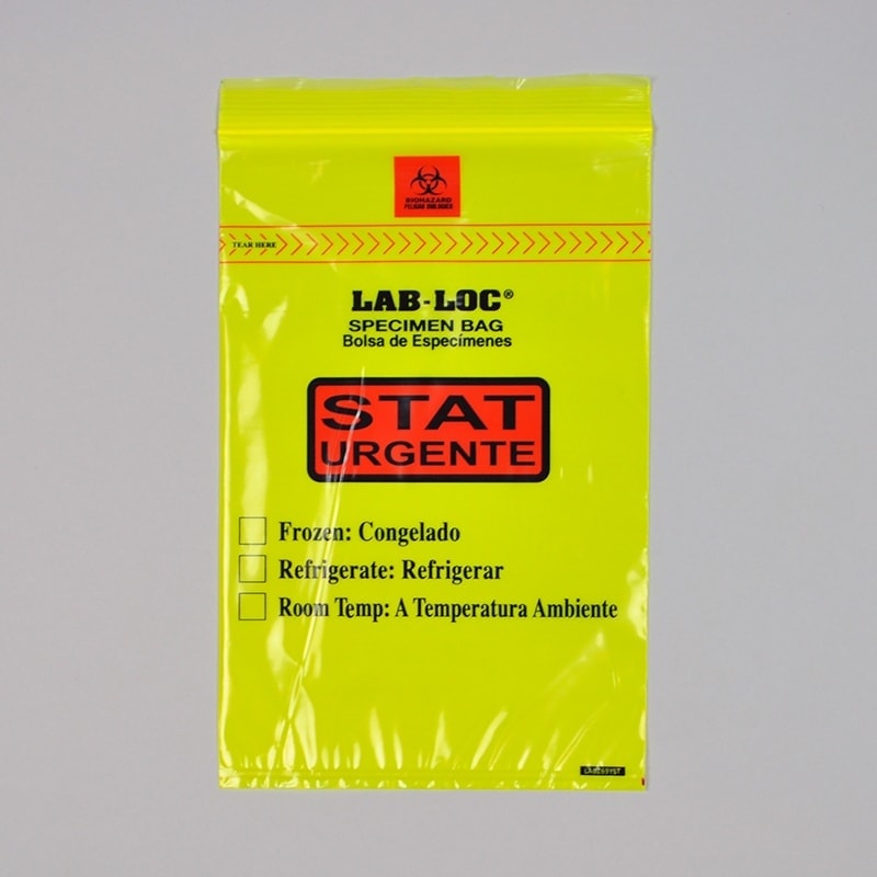 6" X 9" Lab-Loc? Specimen Bags with Removable Biohazard Symbol Printed "STAT" - Yellow