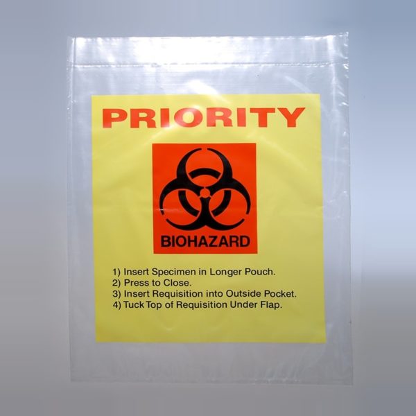 12" X 15" Yellow Tint Reclosable 3-Wall Specimen Transfer Bag with "Priority" Print(Biohazard)
